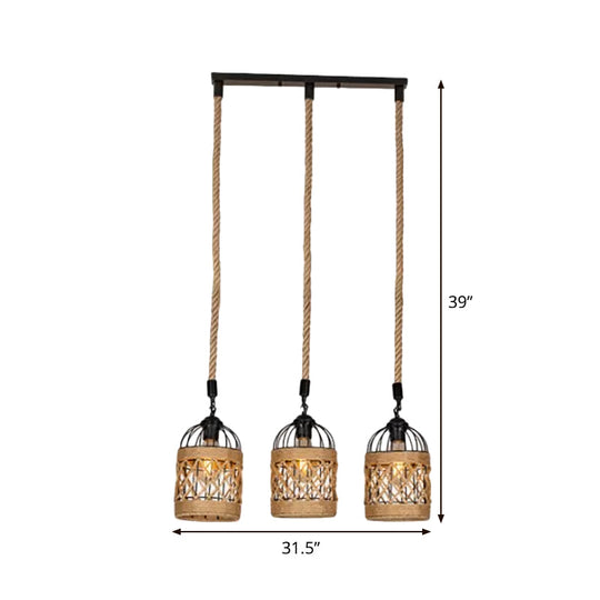 Lodge Birdcage Pendant Light Kit – Criss-Cross Woven Rope Brown 3/6 Heads Cluster Round/Linear