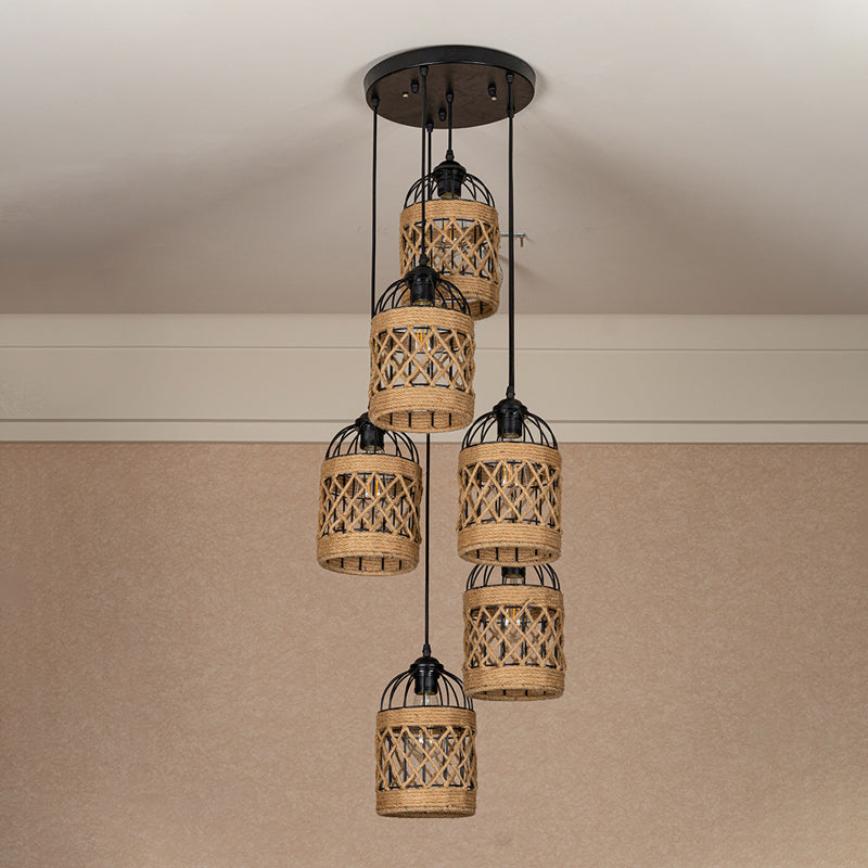 Lodge Birdcage Pendant Light Kit – Criss-Cross Woven Rope Brown 3/6 Heads Cluster Round/Linear