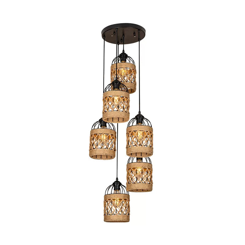 Lodge Birdcage Pendant Light Kit – Criss-Cross Woven Rope Brown 3/6 Heads Cluster Round/Linear