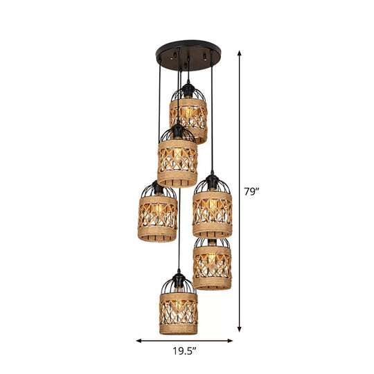 Lodge Birdcage Pendant Light Kit – Criss-Cross Woven Rope Brown 3/6 Heads Cluster Round/Linear