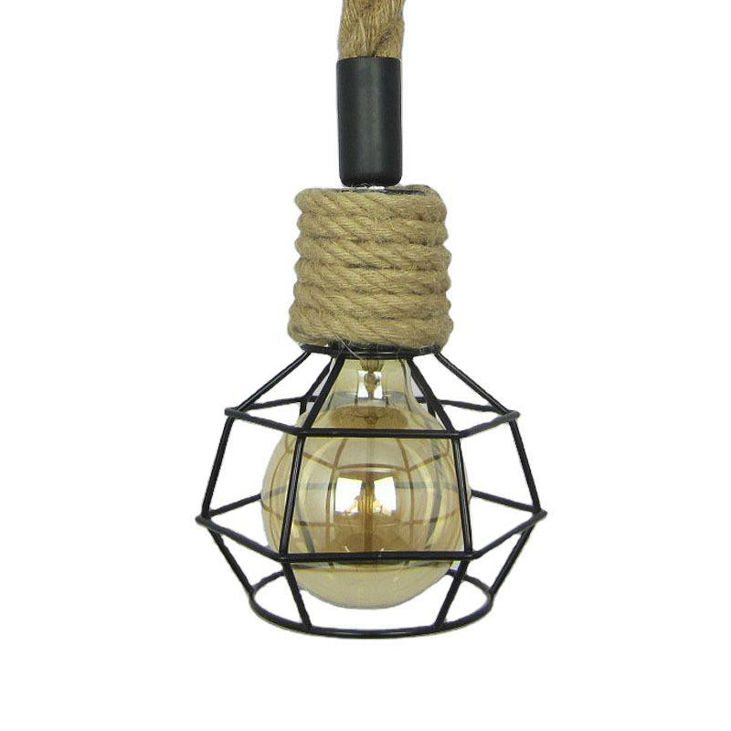 Pendulum Light With Iron Cage And Rope Accent In Brown - Perfect For Rural Wine Bars
