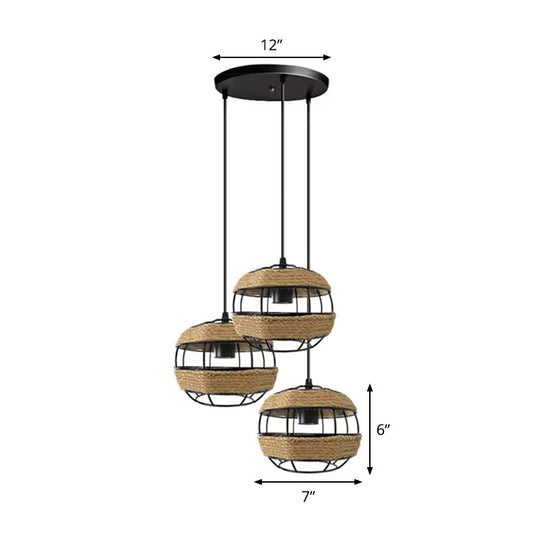 Countryside 3-Light Jute Rope Pendant Lamp For Open Kitchen Brown