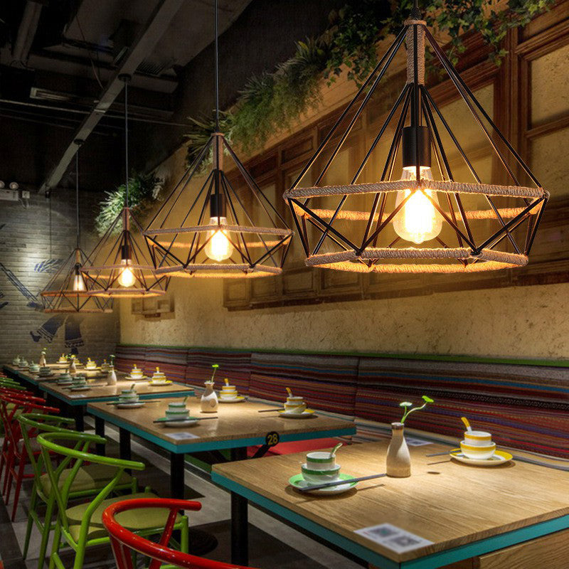 Industrial Bistro Hanging Lamp - Single Bulb Drop Pendant With Diamond Roped Cage In Black