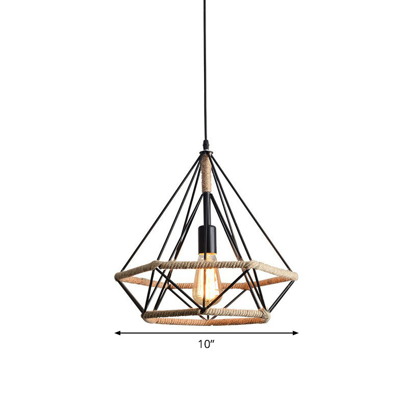 Industrial Bistro Hanging Lamp - Single Bulb Drop Pendant With Diamond Roped Cage In Black