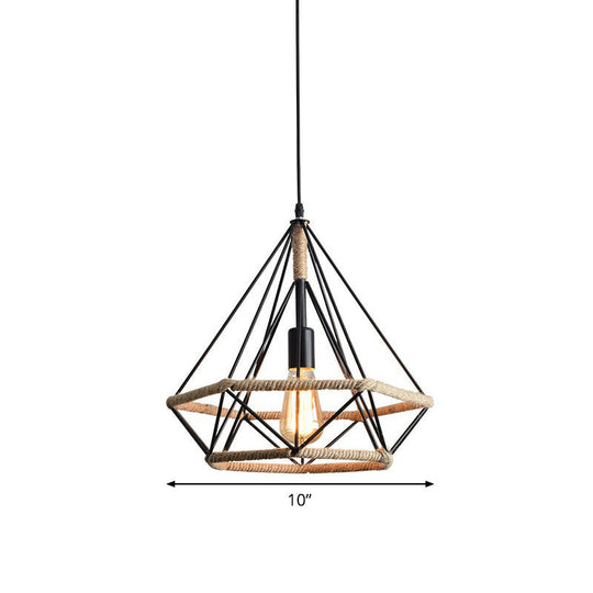 Industrial Bistro Hanging Lamp - Single Bulb Drop Pendant With Diamond Roped Cage In Black