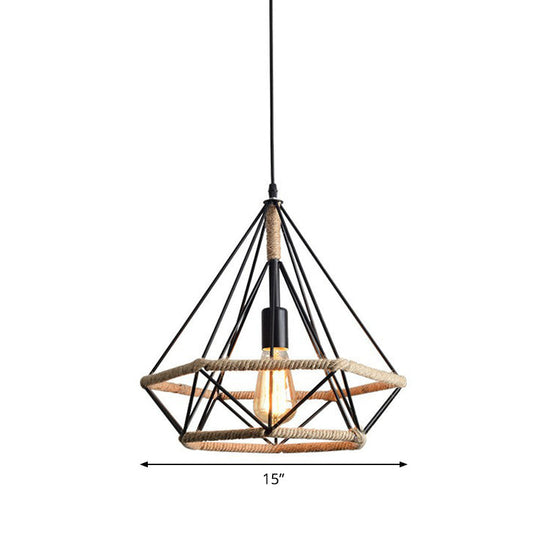 Industrial Bistro Hanging Lamp - Single Bulb Drop Pendant With Diamond Roped Cage In Black