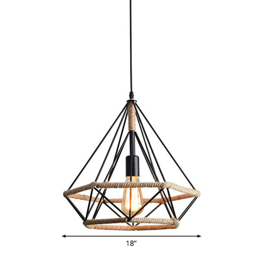 Industrial Bistro Hanging Lamp - Single Bulb Drop Pendant With Diamond Roped Cage In Black