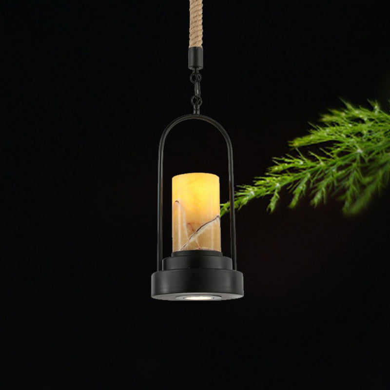 Faux Candle Wine Bar Pendant Lamp - Rural Marble 1-Light Black Hanging Light With Arched Frame &