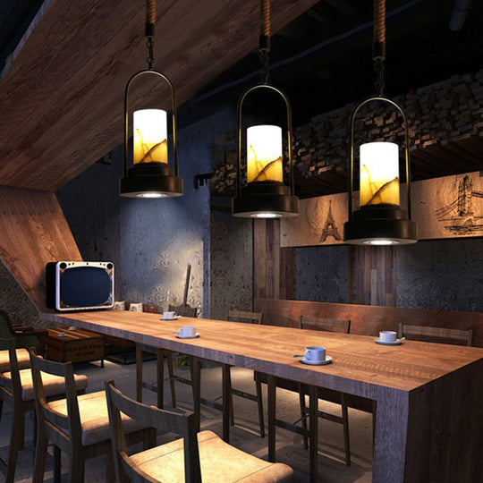 Faux Candle Wine Bar Pendant Lamp - Rural Marble 1-Light Black Hanging Light With Arched Frame &