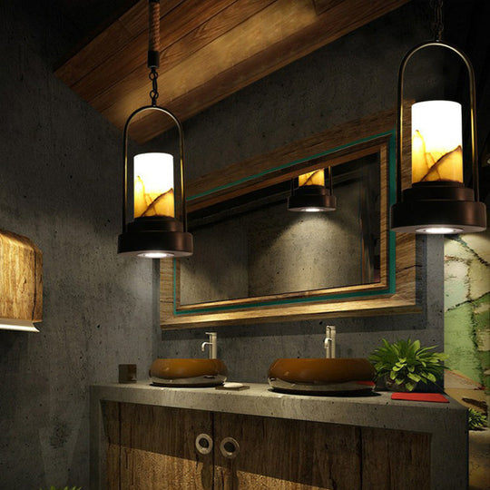 Faux Candle Wine Bar Pendant Lamp - Rural Marble 1-Light Black Hanging Light With Arched Frame &