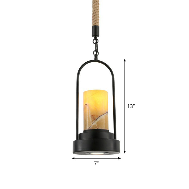 Faux Candle Wine Bar Pendant Lamp - Rural Marble 1-Light Black Hanging Light With Arched Frame &