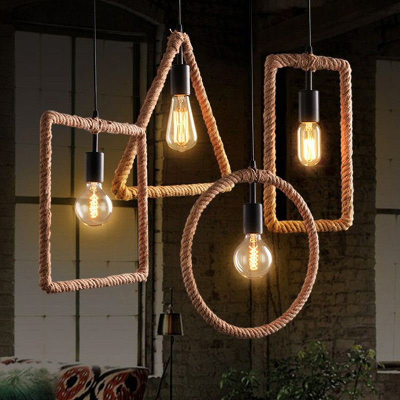 Rustic 1-Light Pendant Lamp With Brown Rope Frame For Living Rooms