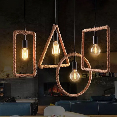Rustic 1-Light Pendant Lamp With Rope Frame Brown / Triangle