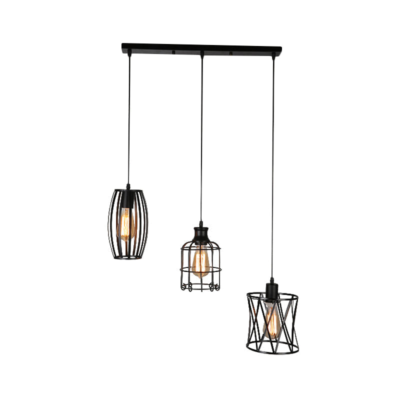 Farmhouse Style Suspended Metal Lamp With 3 Black Bulbs And Wire Guard For Restaurants