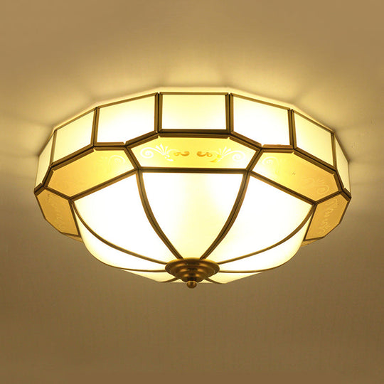 Colonial Milky Glass Bowl Ceiling Fixture 3/4-Bulb Living Room Flush Mount Lamp In Brass