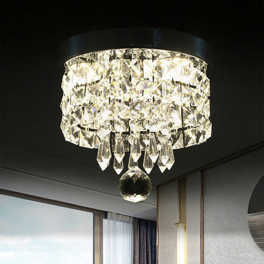 Glamorous Crystal Drum Ceiling Light In Chrome - Flush Mount Fixture
