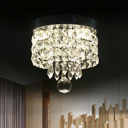 Glamorous Crystal Drum Ceiling Light In Chrome - Flush Mount Fixture Clear / 8 White
