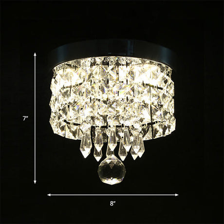 Glamorous Crystal Drum Ceiling Light In Chrome - Flush Mount Fixture