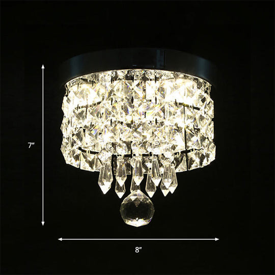 Glamorous Crystal Drum Ceiling Light In Chrome - Flush Mount Fixture
