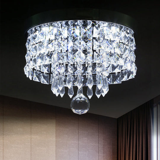 Glamorous Crystal Drum Ceiling Light In Chrome - Flush Mount Fixture