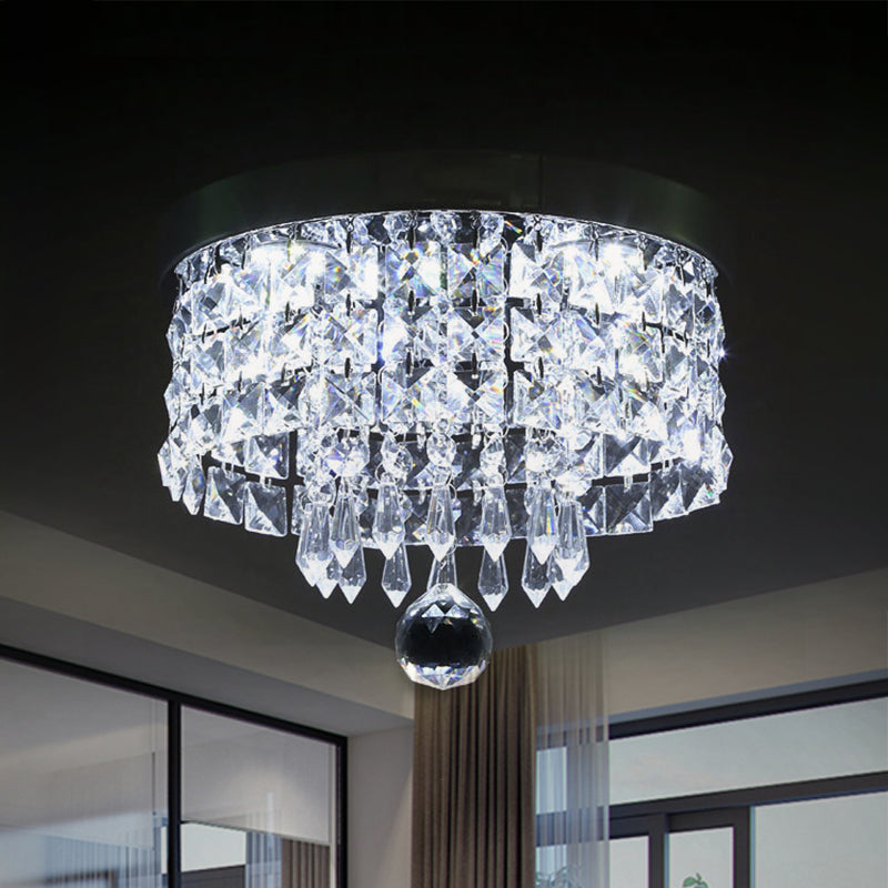 Glamorous Crystal Drum Ceiling Light In Chrome - Flush Mount Fixture Clear / 10 White