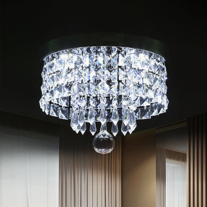 Glamorous Crystal Drum Ceiling Light In Chrome - Flush Mount Fixture