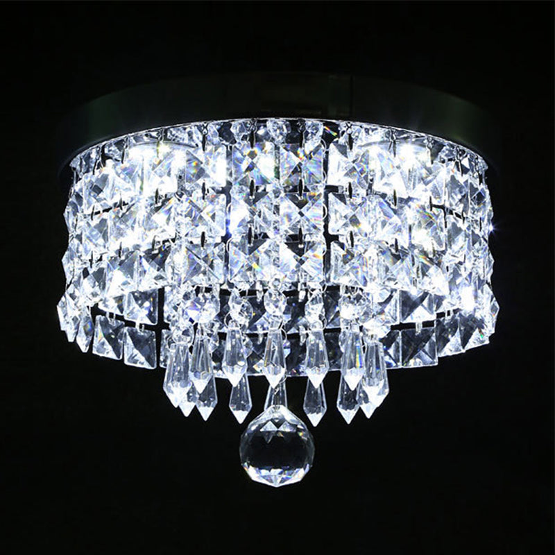 Glamorous Crystal Drum Ceiling Light In Chrome - Flush Mount Fixture