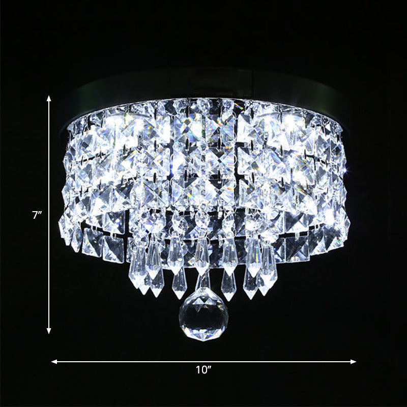 Glamorous Crystal Drum Ceiling Light In Chrome - Flush Mount Fixture