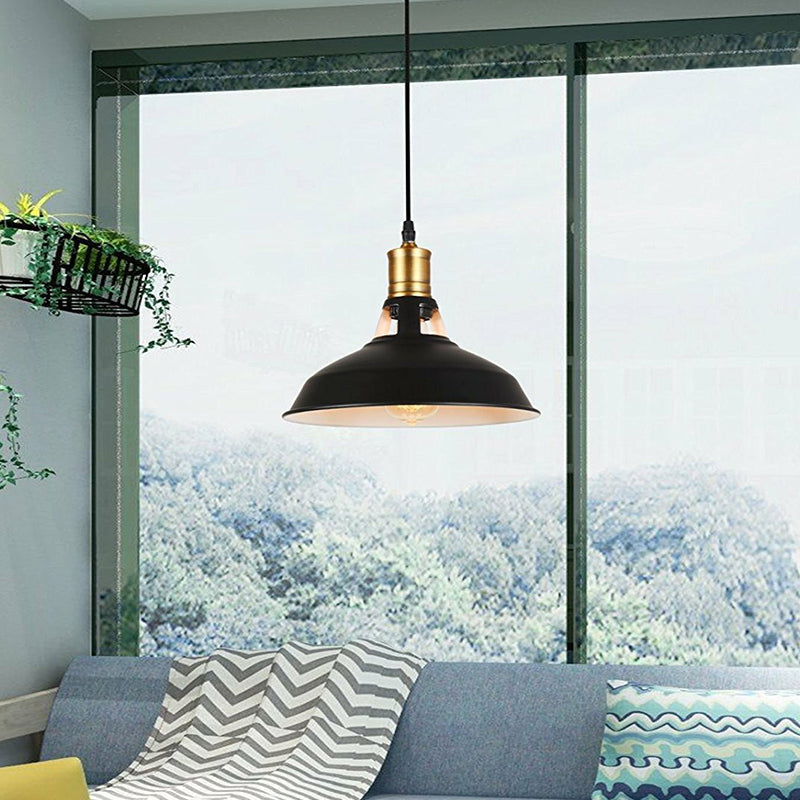 Rustic Bedside Plug-In Pendant Light With Barn Iron Shade - 1-Light Hanging Lamp In Black