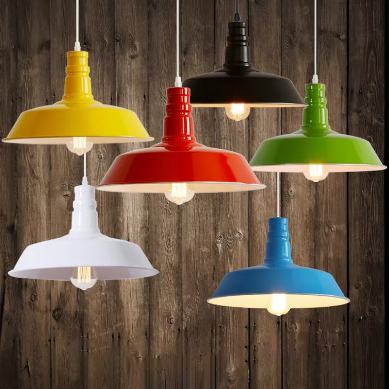 Industrial Barn Shade Pendant Lamp With Rolled-Trim Head - Red/Yellow/White Finish