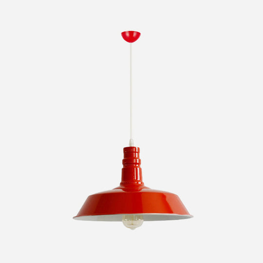Industrial Barn Shade Pendant Lamp With Rolled-Trim Head - Red/Yellow/White Finish