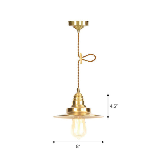 Antiqued Iron Gold Pendant Lamp With Single-Bulb Flat/Bowl/Cone Shade Suspension Fixture