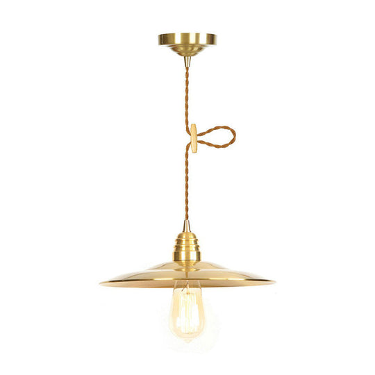 Antiqued Iron Gold Pendant Lamp With Single-Bulb Flat/Bowl/Cone Shade Suspension Fixture