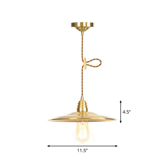 Antiqued Iron Gold Pendant Lamp With Single-Bulb Flat/Bowl/Cone Shade Suspension Fixture