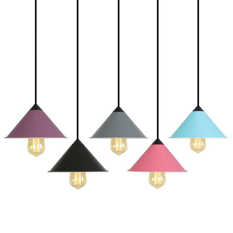 Roll-Edged Conical Iron Pendant Lamp In Pink/Blue/Grey - Loft Style For Single Dining Room