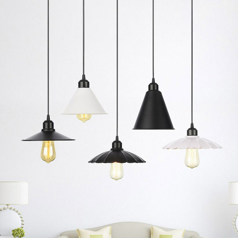 Rustic Ceiling Lamp With Flared Iron Shade For Living Room - Black/White Pendant Light Kit