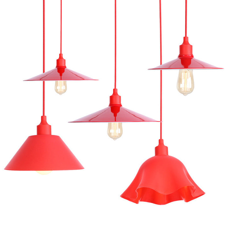 Industrial Red Iron Hanging Lamp Kit - Single Tapered/Cage/Flared Ceiling Pendant Light For Living