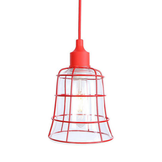 Industrial Red Iron Hanging Lamp Kit - Single Tapered/Cage/Flared Ceiling Pendant Light For Living