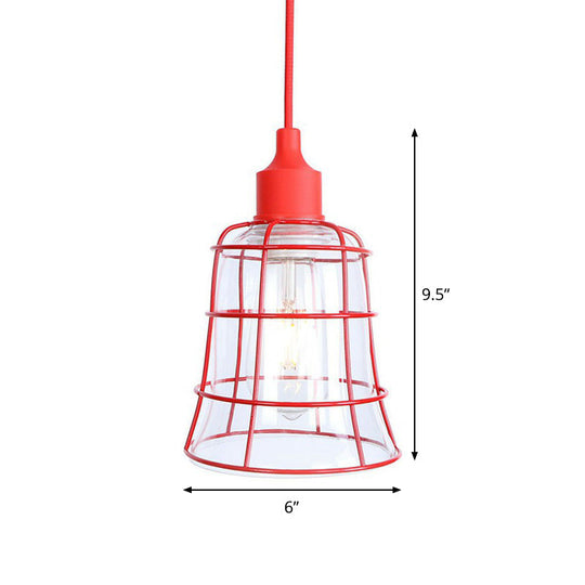 Industrial Red Iron Hanging Lamp Kit - Single Tapered/Cage/Flared Ceiling Pendant Light For Living