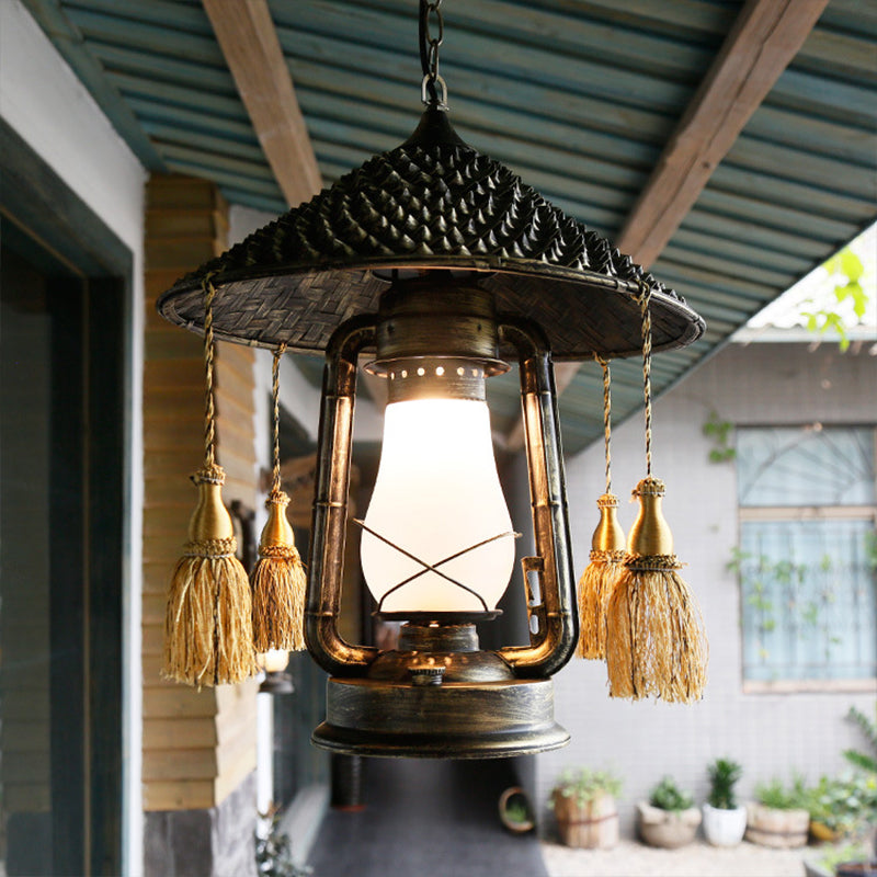 Rustic Cream Glass Hanging Pendant Lamp With Bronze Finish - Kerosene Ceiling Suspension Light