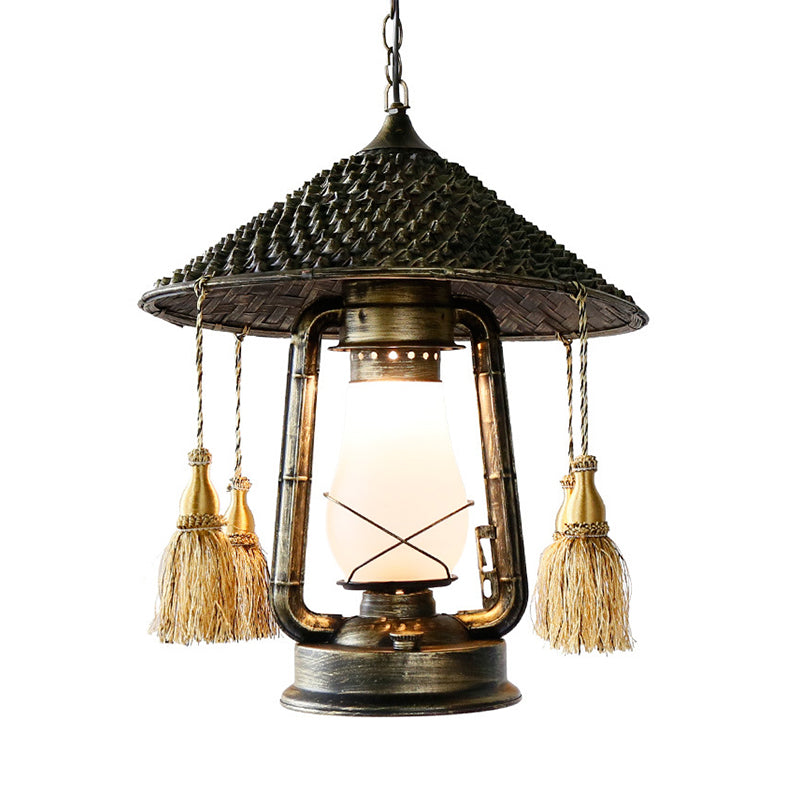 Bronze Head Hanging Pendant Lamp With Cream Glass Shade And Tassel Knot