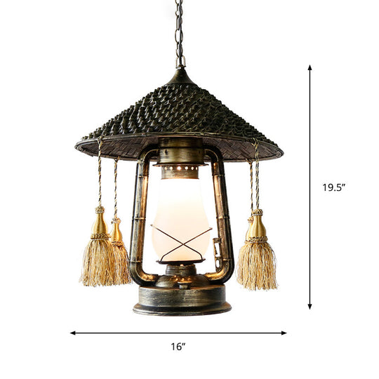 Bronze Head Hanging Pendant Lamp With Cream Glass Shade And Tassel Knot