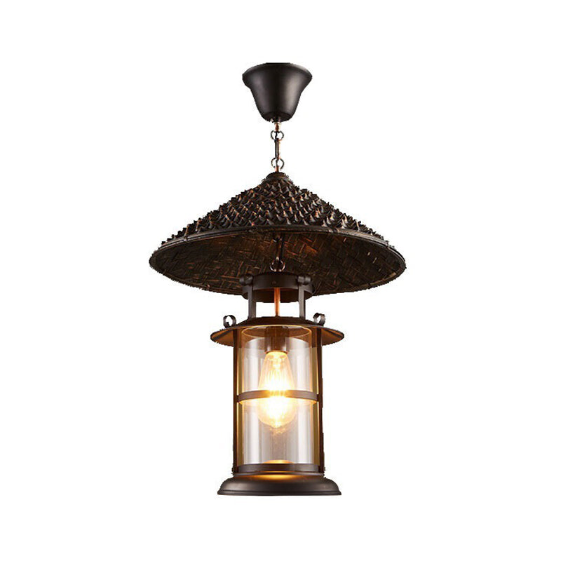 Rustic Black Hanging Pendant Light With Transparent Glass Cylinder And Pointy Hat Decoration Single