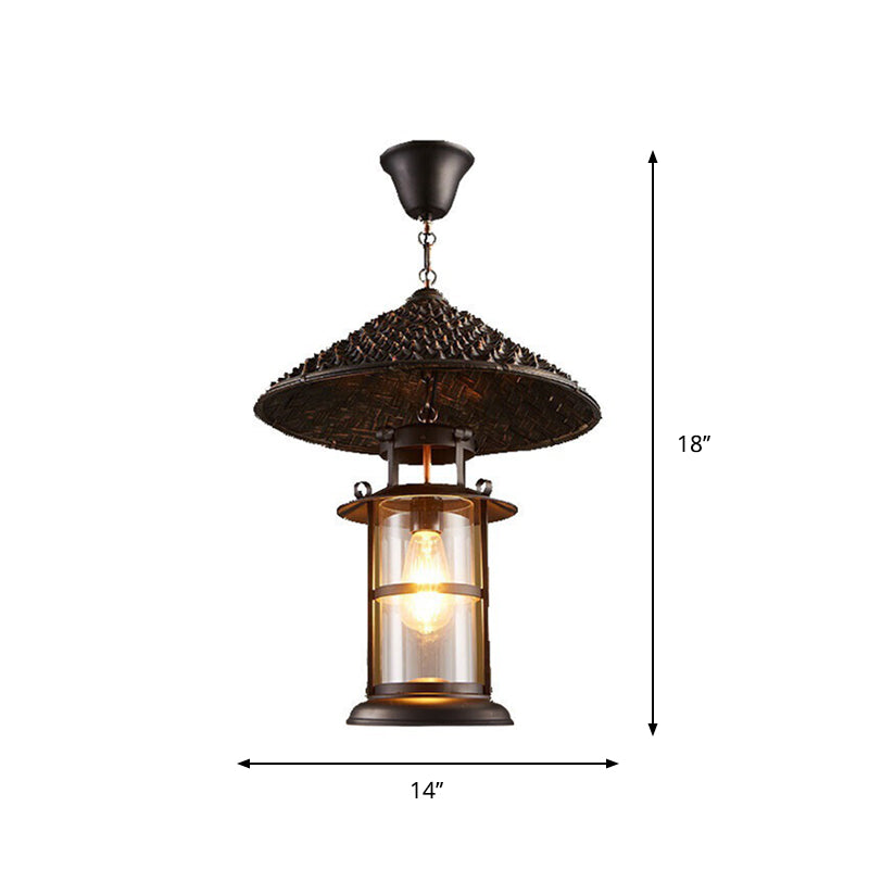Rustic Black Hanging Pendant Light With Transparent Glass Cylinder And Pointy Hat Decoration Single