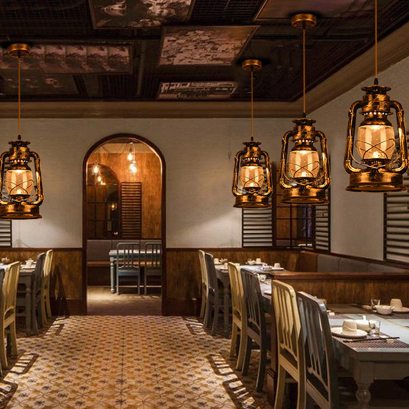 Antique Metal Single Pendant Hanging Lamp - Kerosene Restaurant Lighting With Bronze/Copper Finish