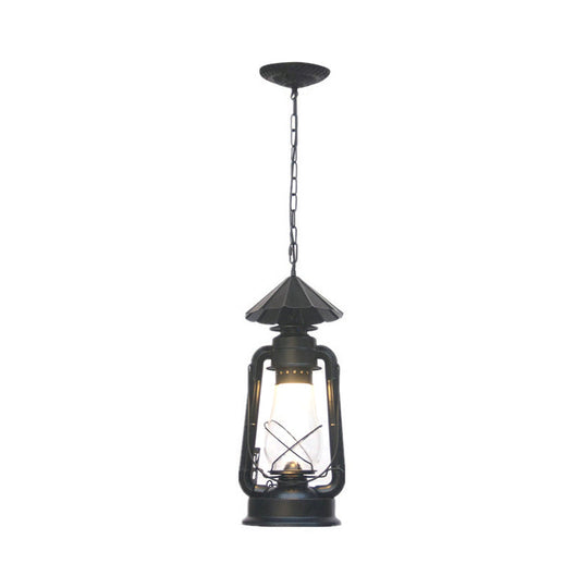 Rustic Clear/Frosted Glass Kerosene Pendant Lamp In Bronze/Copper/Black - 1 Bulb Dining Room