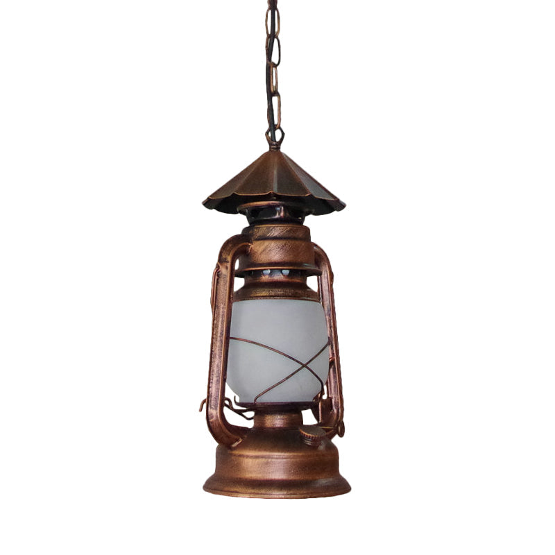 Rustic Clear/Frosted Glass Kerosene Pendant Lamp In Bronze/Copper/Black - 1 Bulb Dining Room