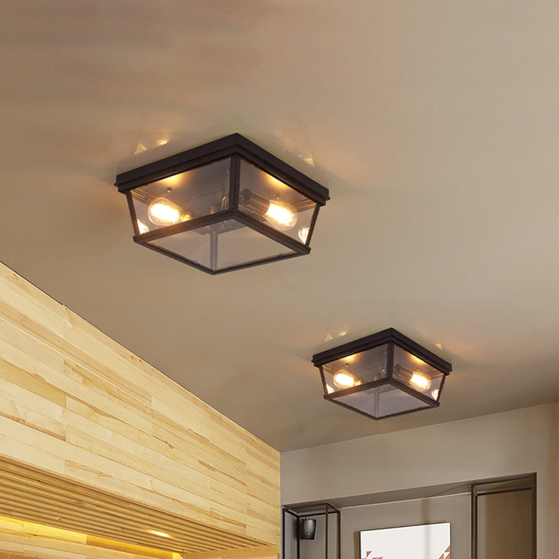 Flush Mount Farmhouse Ceiling Light With 2 Bulbs - Black Cube Design And Clear Glass Ideal For