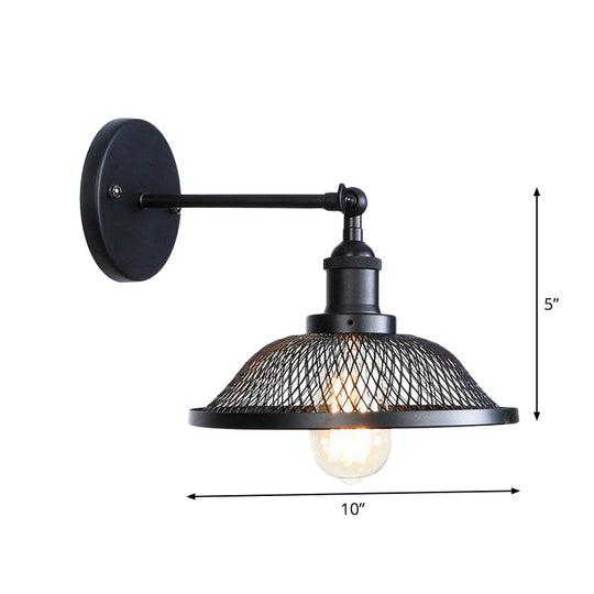 Vintage Adjustable Wall Lamp With Saucer Shade And Mesh Cage Design In Black