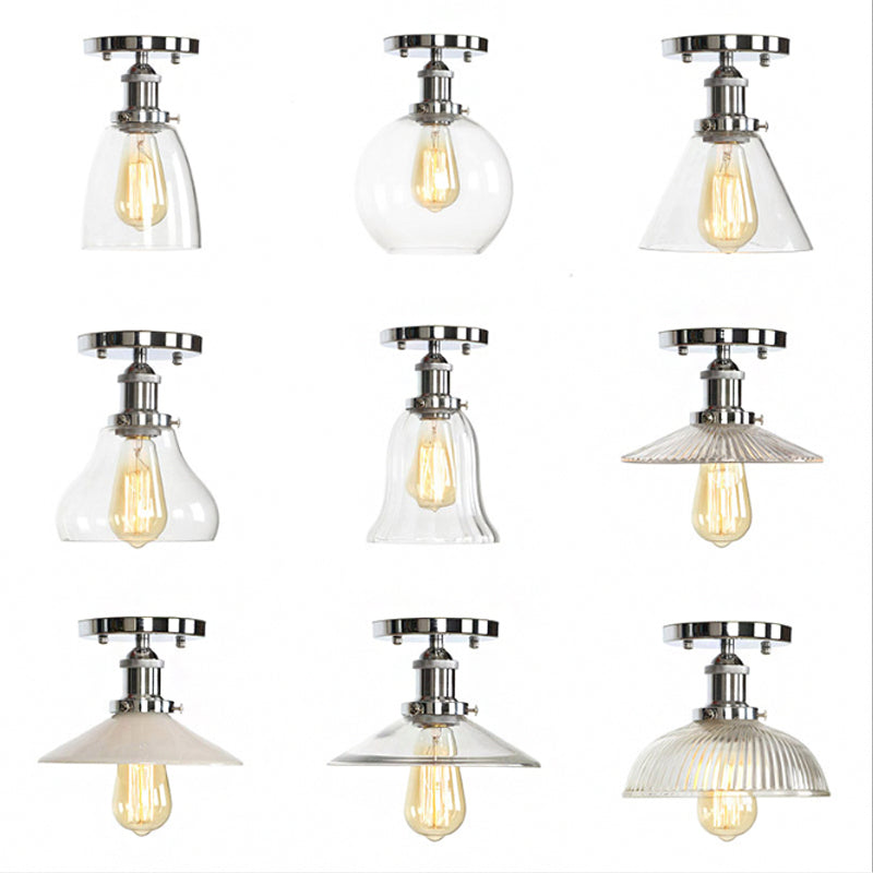 Clear Ribbed Glass Flushmount Farmhouse Bell - Chrome Ceiling Light